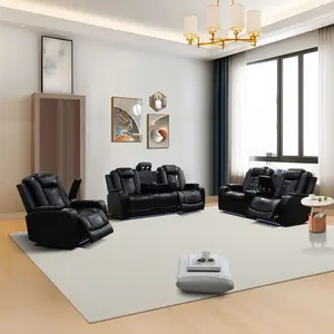 PU Leather Recliner Sectional Sofa Set for Living Room, Power Recliner Chair with LED Lights, USB Port, Storage Console & Cup Holders, Ergonomically Adjustable Seat