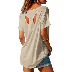 Imily Bela Womens Elegant Trendy Open Back Comfy Loose Fitting Workout Casual Yoga T-Shirt Summer Gym Tee