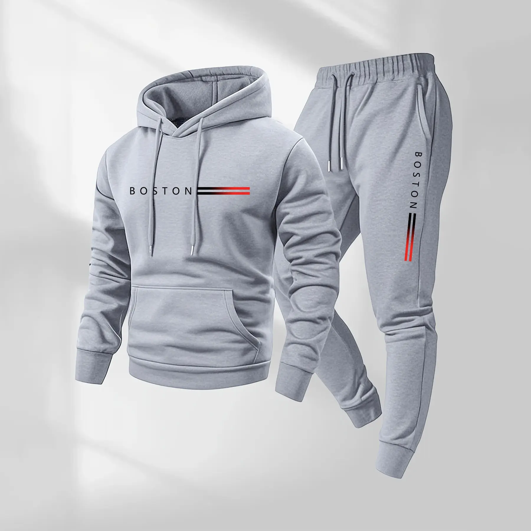 Men's BOSTON Letter Printed Hoodie & Drawstring Sweatpants Set Casual Athletic Long Sleeve Hooded Jacket & Trousers Sportswear for Fall & Winter Tracksuit for Daily Wear Textured Sweatsuit with Sporty Style - Workout Running Clothes