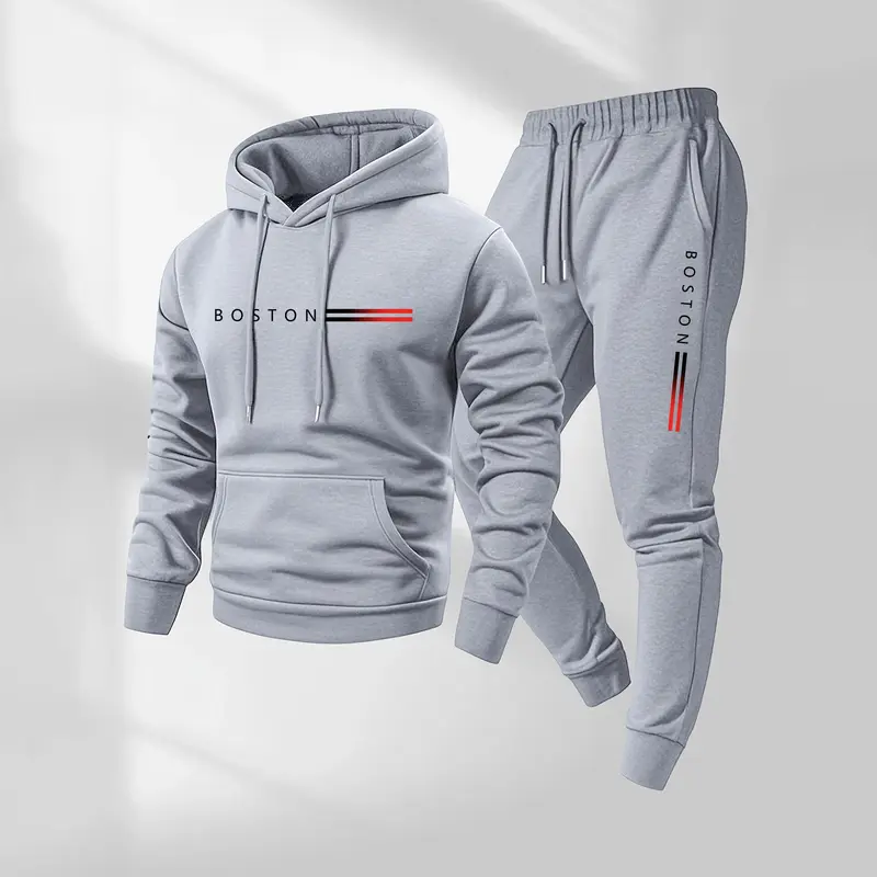 Men's BOSTON Letter Printed Hoodie & Drawstring Sweatpants Set Casual Athletic Long Sleeve Hooded Jacket & Trousers Sportswear for Fall & Winter Tracksuit for Daily Wear Textured Sweatsuit with Sporty Style - Workout Running Clothes