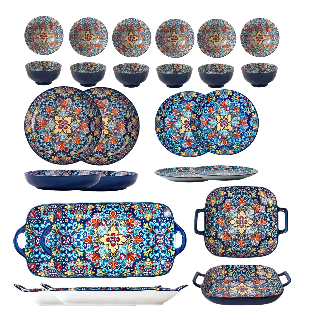 13-Piece Dinnerware Service Set for 6 People, Lightweight Round Plates & Bowls, Ceramic Dishwasher Safe, Microwave Friendly, Bohemian Style, Dinnerware Sets, Tableware Set