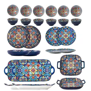 13-Piece Dinnerware Service Set for 6 People, Lightweight Round Plates & Bowls, Ceramic Dishwasher Safe, Microwave Friendly, Bohemian Style