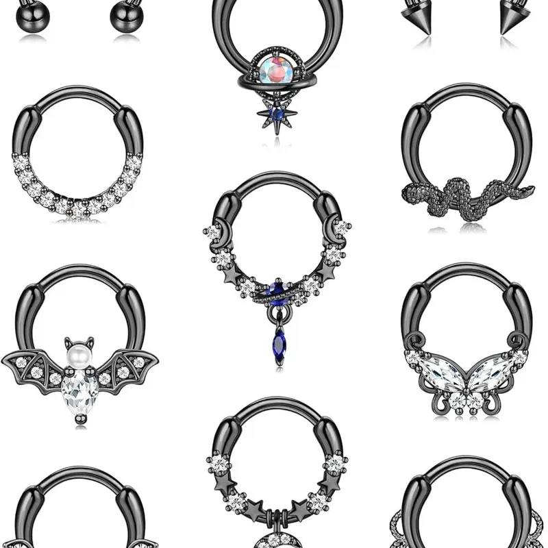 11pcs 16g Septum Rings Labret Jewelry, Cute Snake and Butterfly Designs for Piercing, Stainless Steel Body Piercing Jewelry Daith Earrings Set Septum Clicker Ring, Septum Pierced Ring