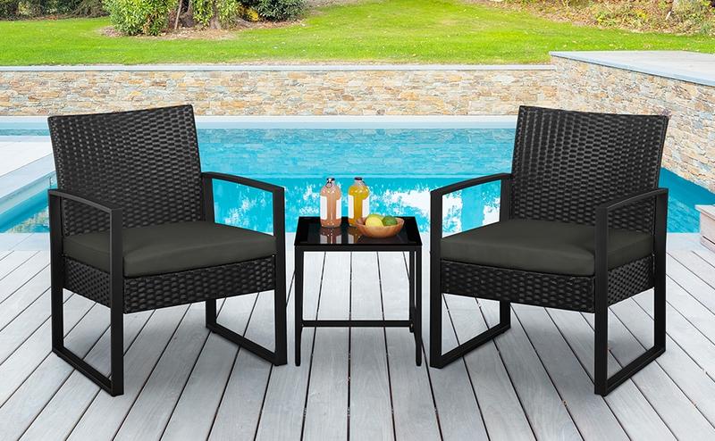Yaheetech 3 Pieces Rattan Bistro Set, Indoor/Outdoor Wicker Patio Modern Conversation Furniture, 2 Chairs & Tempered Glass Coffee Table for Garden, Balcony, Backyard, Poolside