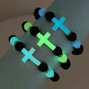 Vintage volcanic stone luminous beaded bracelet, men's cross elastic cord bracelet, suitable for both men and women Bright