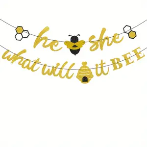 Gender Reveal Banner with Bees and Honeycomb, Shower Glitter Party Supplies Decor, He or She What Will It Bee, Baby Shower Decoration Set