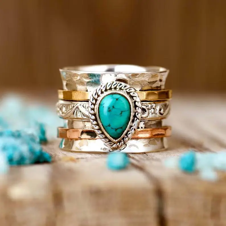 Women's Vintage Turquoise Alloy Round Band Ring - Bohemian Fashion Statement Accessory, All-Match Costume Jewelry for Everyday Wear, Birthday Gifting