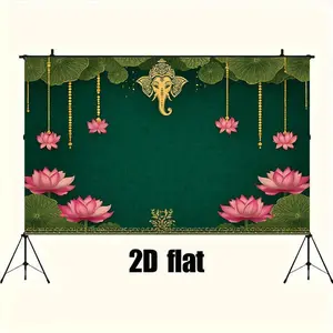 1pc 2D Flat Indian Traditional Polyester Flag Backdrop Banner - Vibrant Green Polyester, Lotus Hanging Ornament, Cultural Door Decoration for Weddings, Festivals