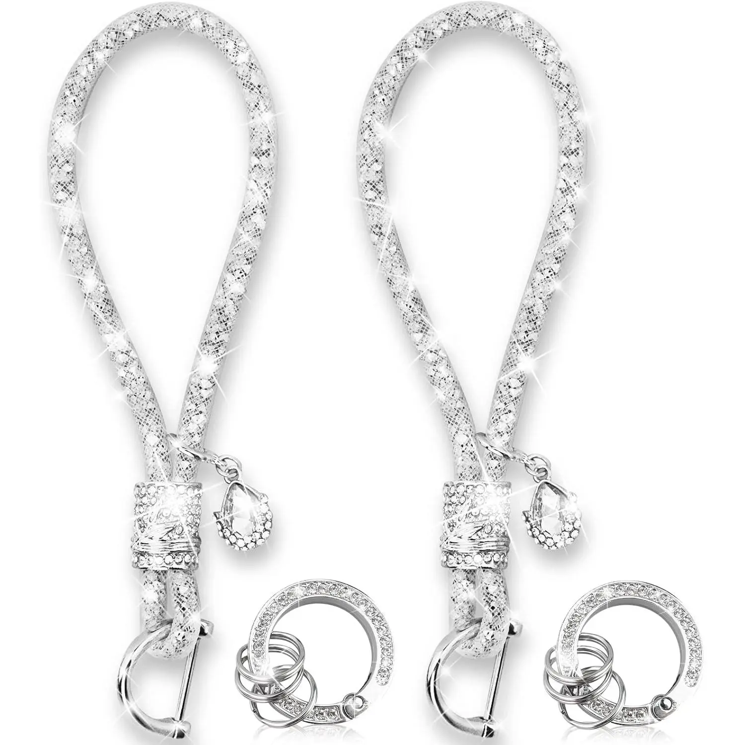 Women's Cute Crystal Rhinestone Bling Car Keychain Set - Handmade Metal & Stone Automotive Accessory with 2 Black, 2 Silver, 1 Blue Wrist Lanyards, 1 Black Finger Lanyard Loop, Multi-Key Rings for Princess Birthdays, 2 Black Wrist Lanyard