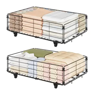 2 pieces Set Under Bed Storage Containers Under Bed Storage with Wheels Metal Foldable Under Bed Shoe Storage Container