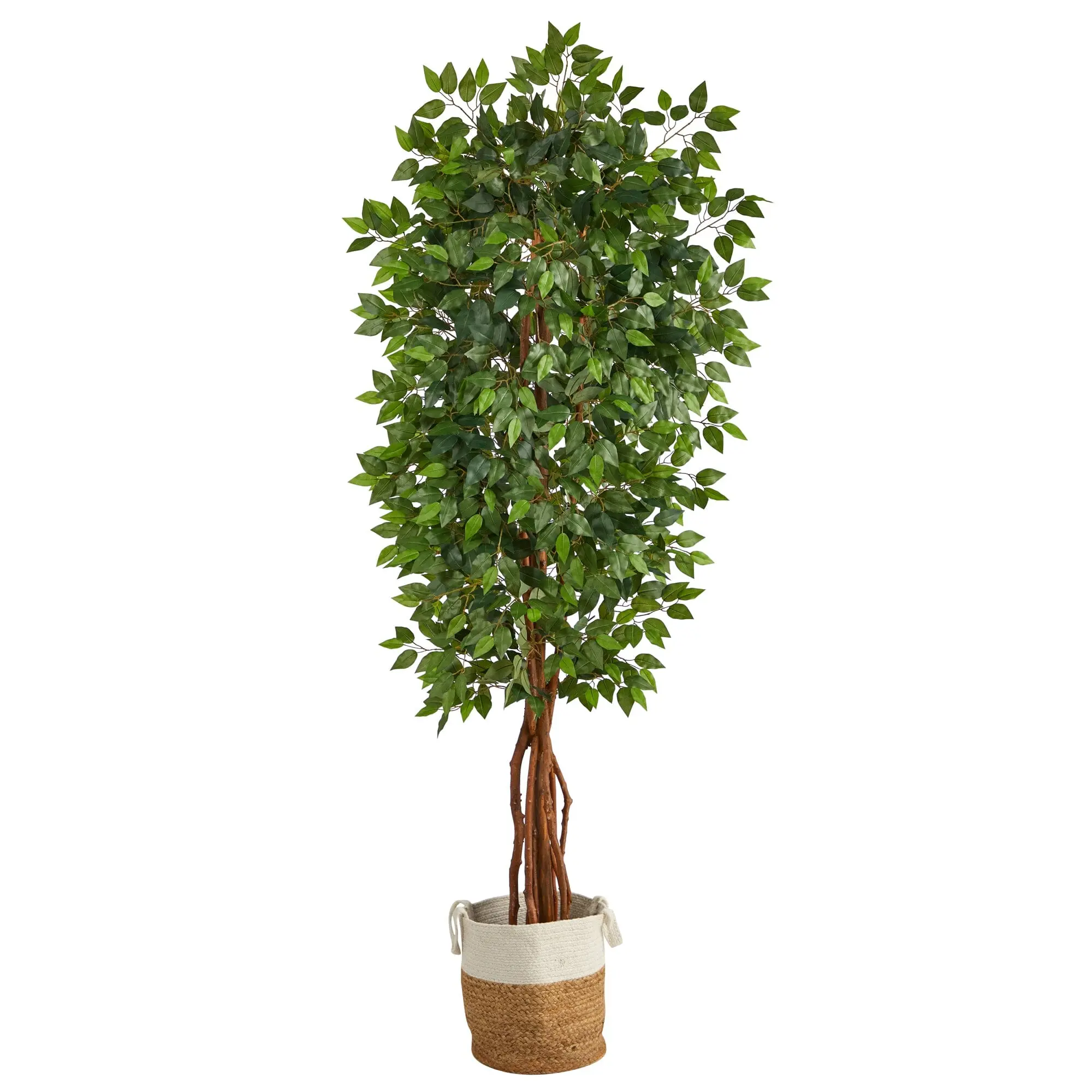 7.5' Deluxe Artificial Ficus Tree with Handmade Jute & Cotton Basket, Decorative Faux Greenery Plant with Airy Yet Full Green Foliage for Home Decor