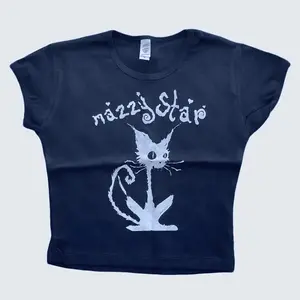 Vintage Mazzy Star Cat Baby Tee, Punk Y2K Baby Tee, Gothic Street, Women's Star Cat Print Black T-shirt, Women's Summer Top, Emo Rock Girls Baby Tee