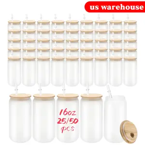 25/50pack Bottles 16 oz Sublimation Glass Cans with Bamboo Lids - 16oz Frosted Clear Borosilicate Tumbler, plastic straw  ,  sister birthday Reusable water Bottles Drinkware Canister creative gift aesthetic glassware love Bottled Portable Washable Cup Mug