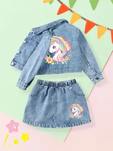 New Girl's Denim Jacket and Half Skirt Set 2pcs, Fashion Printed Jean Jacket + Short Skirt, Unicorn Rainbow Mane Design, Casual Fit