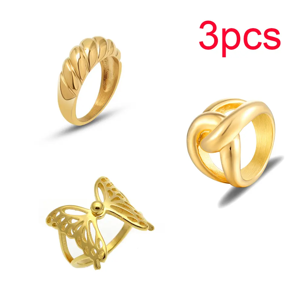 Women's 3-Piece Stainless Steel Twisted Wire Butterfly Letter Ring Set, Female Rings with Letter Motifs for All Seasons Everyday Wear