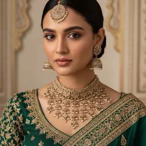 Premium Quality Polki Rainfall Chokar Set with Jhumki and Tikka Featuring Beads and Intricate Design