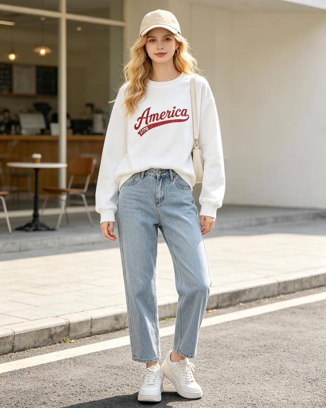 Women's Vintage 1776 Patriotic Theme Crewneck Sweatshirt - Casual Wear, Cowl Neck, Fitted Cut, Comfortable Fall Statement Pullover Top