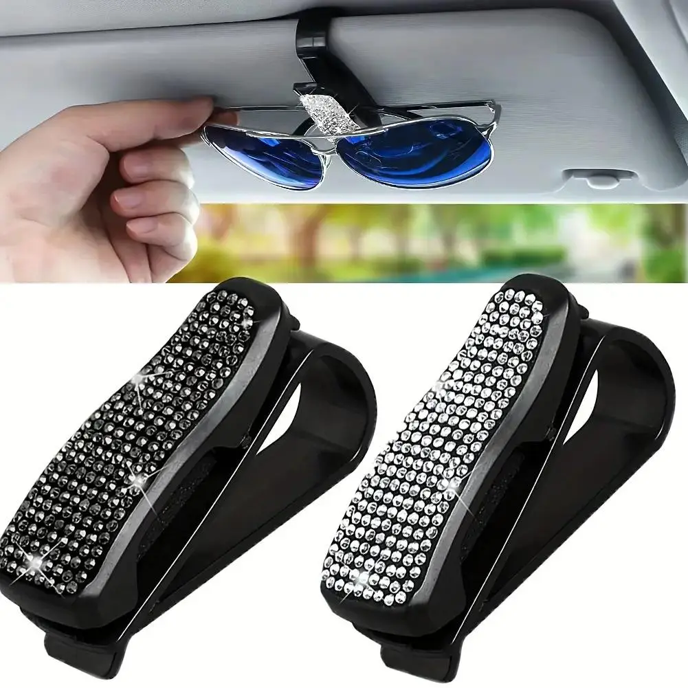 Artificial Rhinestone Decor Car Sunglasses Holder, 2 Counts Portable Car Glasses Clip, Sun Visor Organizer Clip, Multifunctional Ticket Clip for Car,