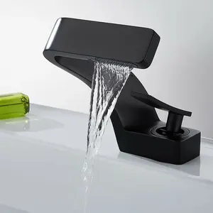 Matte Black Waterfall Bathroom Faucet 1Hole Lavatory Vanity Mixer Tap Single Handle Bathroom Sink Faucet Washbasin Faucets with Supply Hoses
