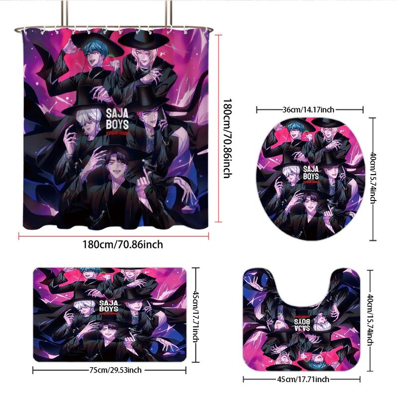 K-POP Demon Hunters Bathroom Set, Including Shower Curtain with 12 Hooks, Non-Slip Bath Rug, U-Shaped Toilet Mat, Toilet Lid Cover, Bathroom Decoration Accessories