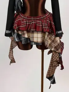 Women's Asymmetric Ruffled Hem Plaid Mini Skirt | Y2K Mixed Check High Waist Sexy Casual Going Out Skirt