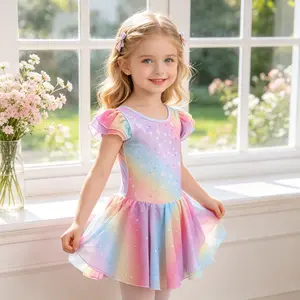Girls Ballet Leotard Tutu Dress | Rainbow Gradient Star Print Dancewear, Toddler Sparkle Ruffle Sleeve Outfit for Ballet Class, Recital & Gymnastics