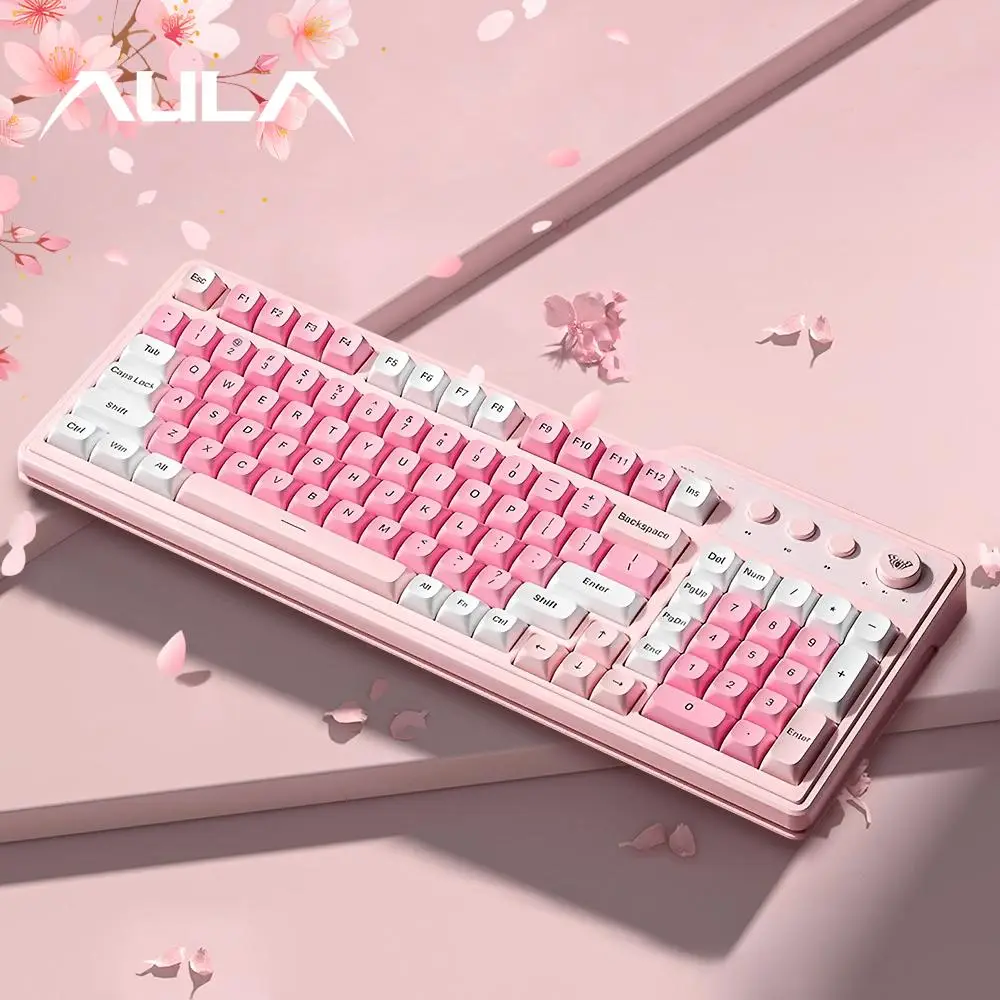 ULA F3099 three-mode wireless keyboard, 99-key layout, light tone keys, cool RGB lighting effect, multi-function knob, ergonomic design, long battery