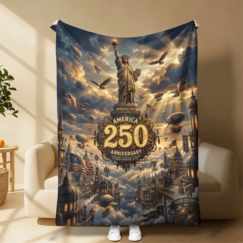 Throw Blanket, Flannel Fleece Lap Blanket with Steampunk Statue of Liberty America 250th Anniversary Flag Airship Print, Multi Use Blanket for Bed Sofa Couch Indoor Outdoor Camping, Decor All Season Birthday Gift Blanket for Patriotic USA Theme Lovers