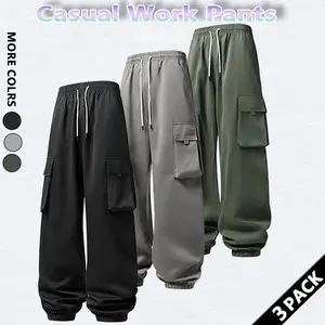 3-piece set of men's solid color drawstring sports pants, casual loose pocket design, workwear functional style elastic waist design, suitable for sports fitness commuting, suitable for autumn and winter, comfortable for daily wear