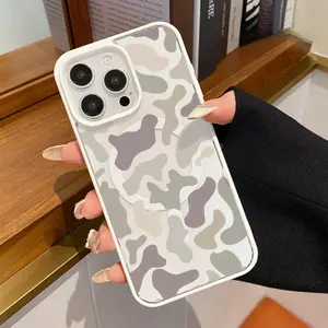 Muted Camo Pattern Magnetic Phone Case Supports Wireless Charging for iPhone 17 15 16 14 Pro Max 13 12 11 XR XS Air Plus E,Samsung S25,S24,S23,S22,Ultra Plus FE Shockproof Non Slip Protection Silicone Transparent Acrylic Cover Cellphone Protective