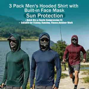 Men’s 3-Pack Compression Hoodie with Built-in Mask, Quick Dry Sun Protection Long Sleeve Pullover, for Running, Fishing, Menswear Sweatshirt Tops