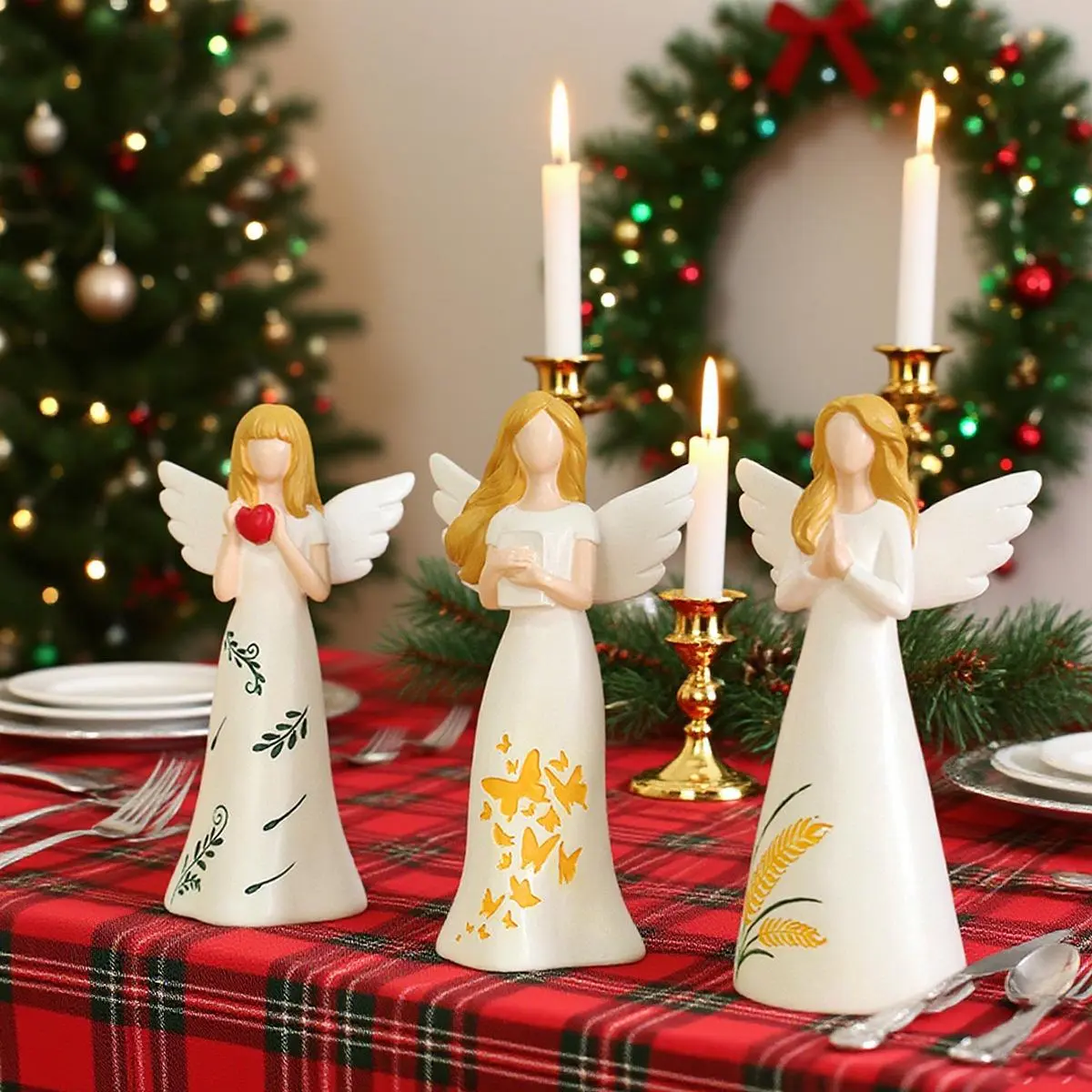 Beige angel ornaments and statues, 3 pieces per set of Guardian resin angel statues, holding hearts, suitable for living room home decoration gifts or accessories