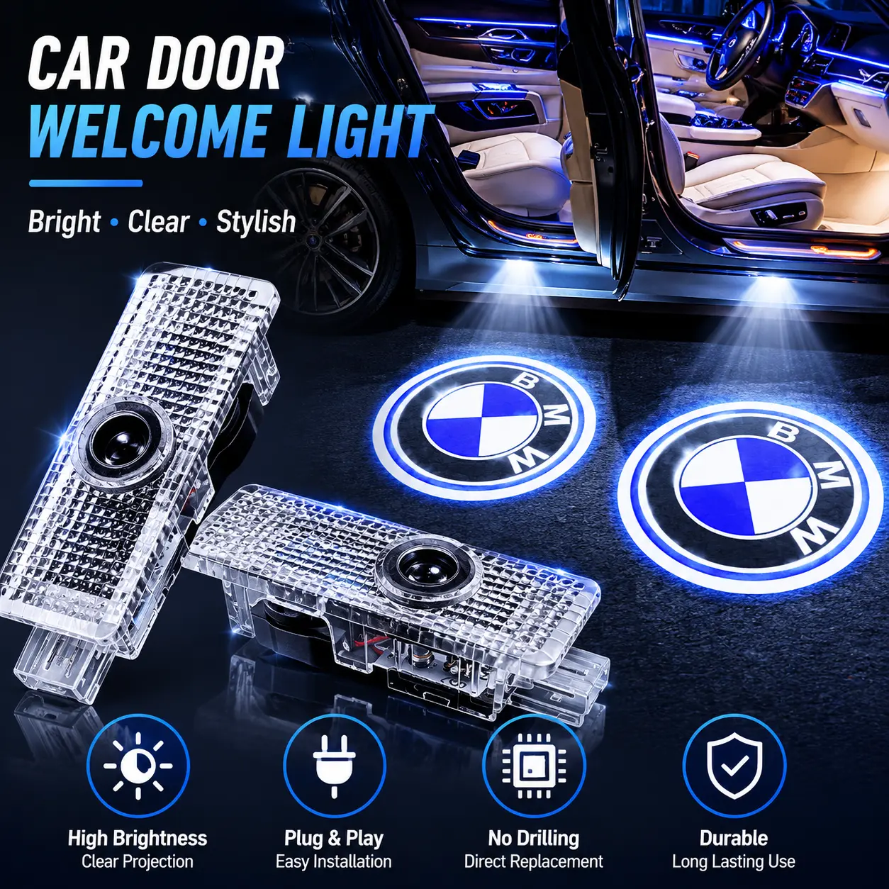 2PCS Wireless BMW LED Door Projector Puddle Lights HD Ghost Shadow Logo Welcome Lamp for 1 3 5 Series X1 X3 X5 X6  Play Car Accessories Interior Upgrade car logolights, Led Lights, M Logo，Car Accessories Lamp, Car Light Embellishments，Puddle Lights