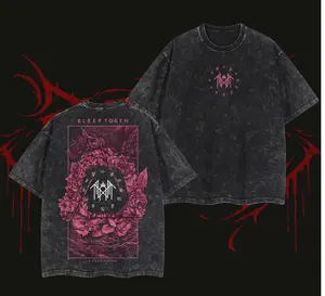 Sleep Token Sundowning Graphic Washed Oversized T Shirt Vintage Black Cotton Heavyweight Rock Band Merch Streetwear Top For Men Women Casual Concert Tour Goth Style Tee