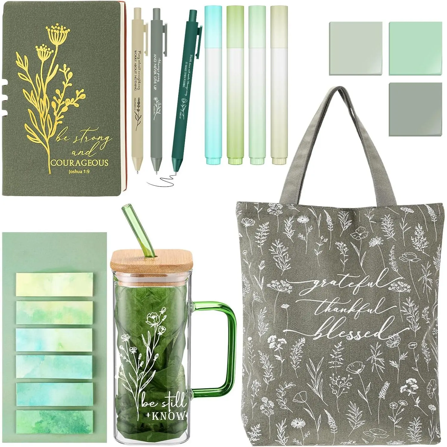 14 count Pastor Wife  for Church  Journaling Kit 16oz Glass Cup Canvas Bag A6 Leather Notebook Highlighter Pen Sticky Note Sticker Sunday Shool Teacher Christian VBS (Green)