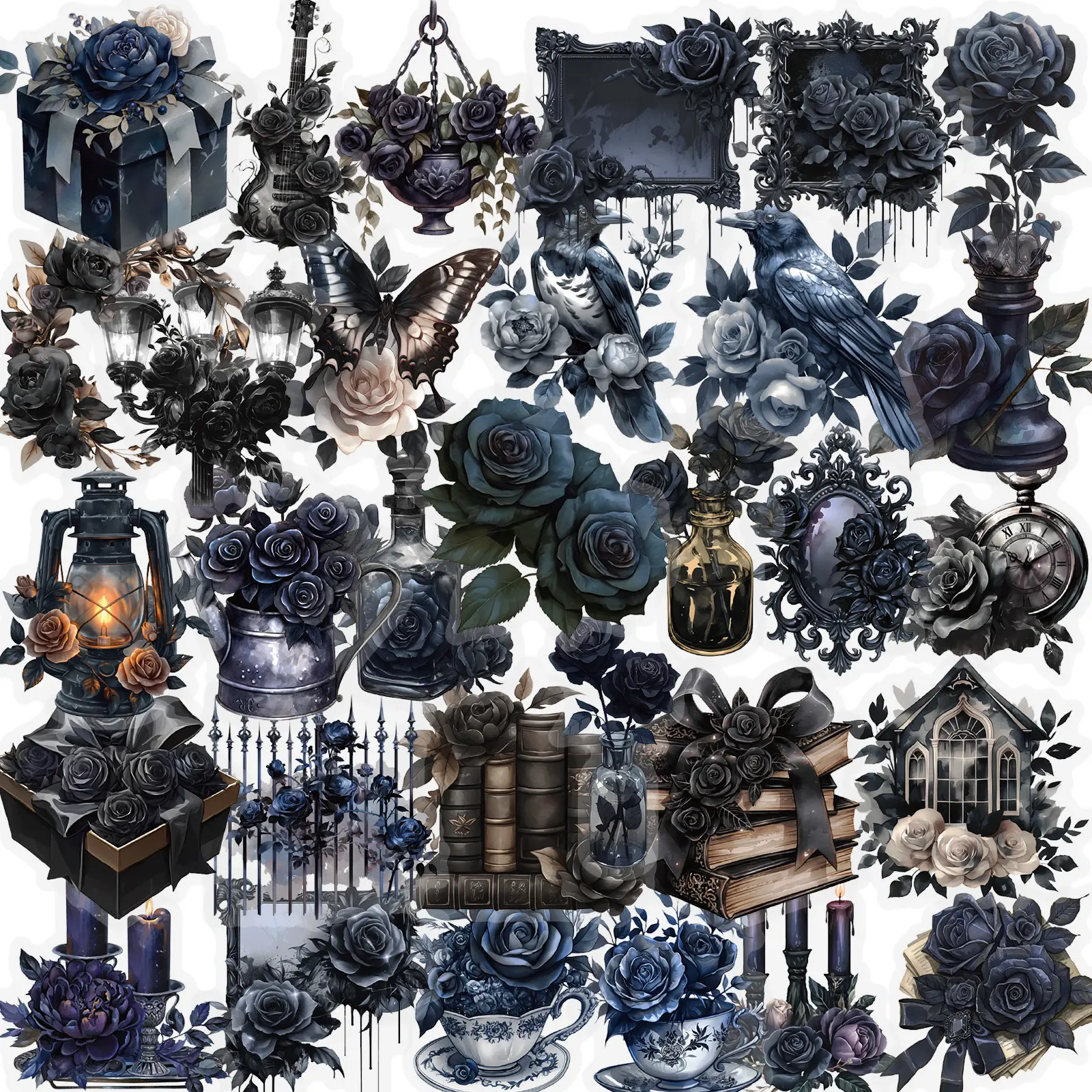 56pcs Dark Rose Transparent PET Material Series Graffiti Stickers Suitable for Luggage, Phone Cases, Laptops, Helmets, Skateboards Waterproof Decoration DIY Creative Stickers