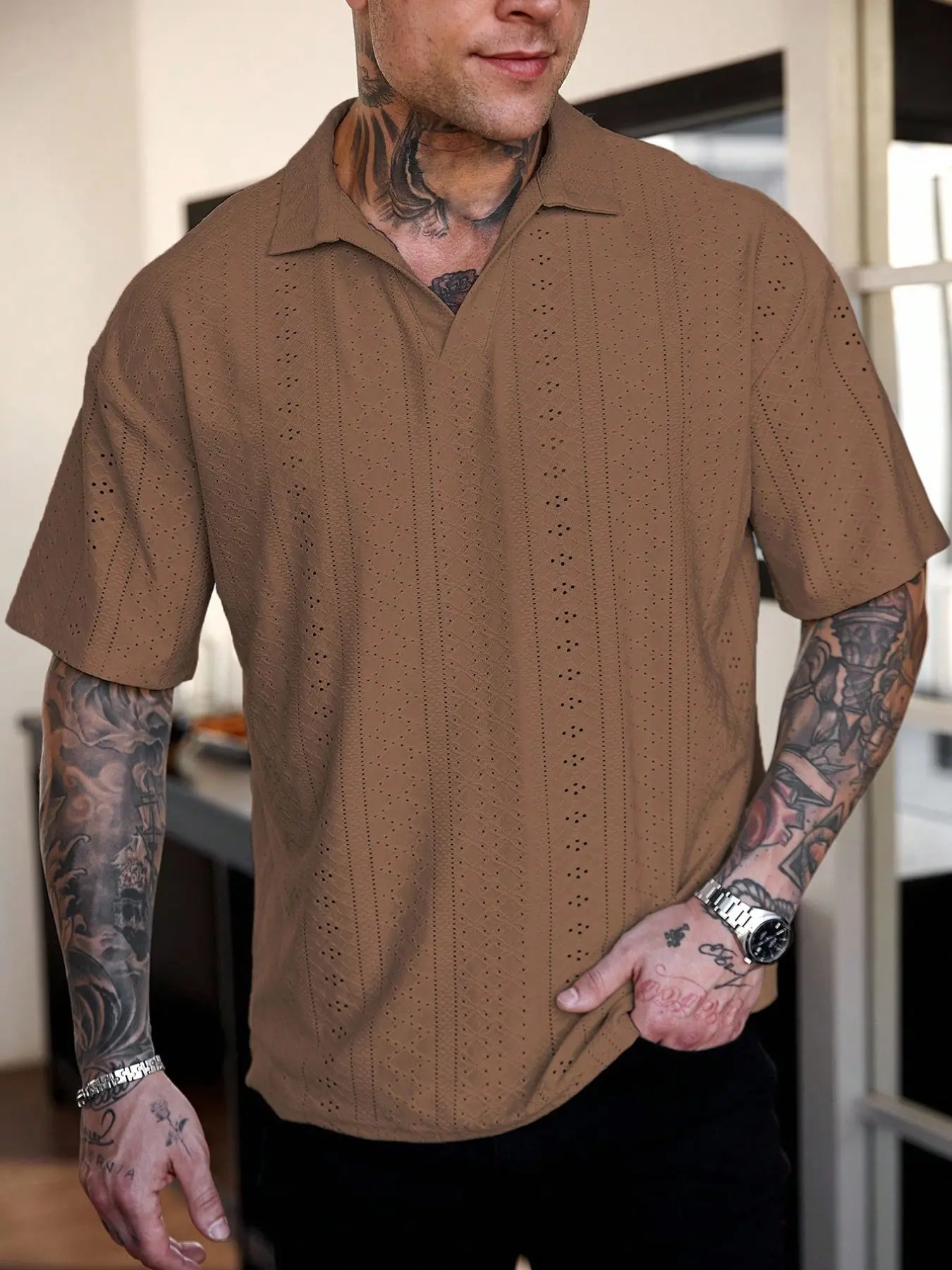 Men's Casual Loose Vacation Collared Knitted Polo Shirt Top, Inspired Spring Summer Knit Mesh Boho Texture, Perfect for Music Festivals & Daily Wear Textured Summer Polos