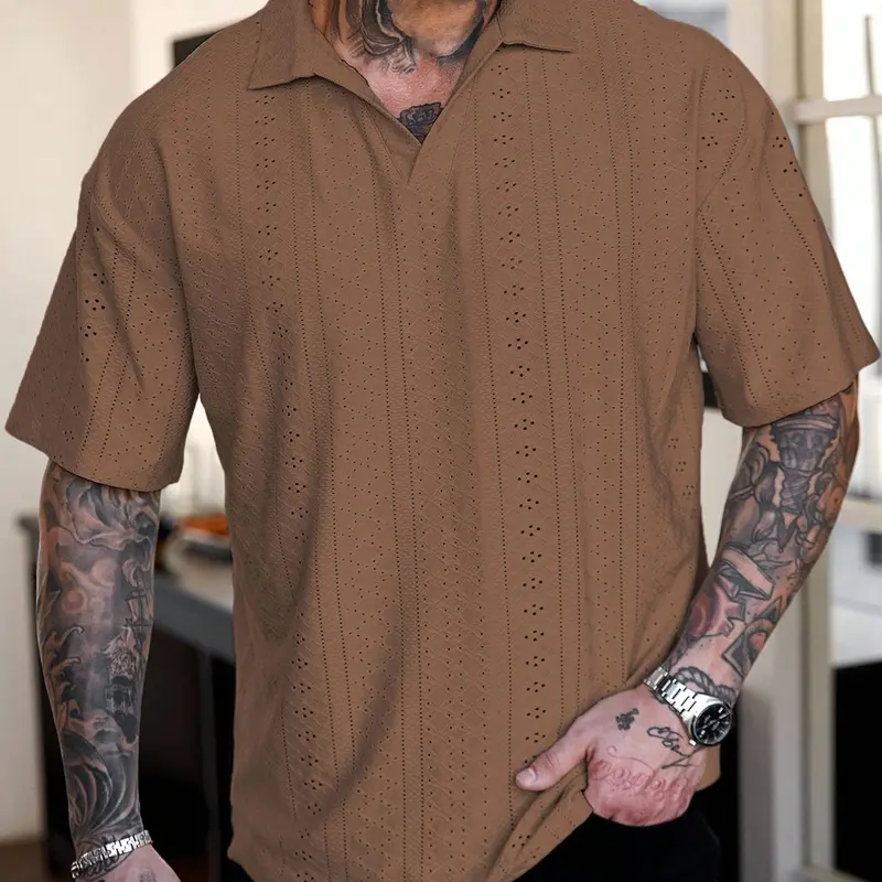 Men's Casual Loose Vacation Collared Knitted Shirt Top, Loose Casual Fashion, Inspired Spring Summer Knit Mesh Boho Texture, Perfect for Music Festivals & Daily Wear