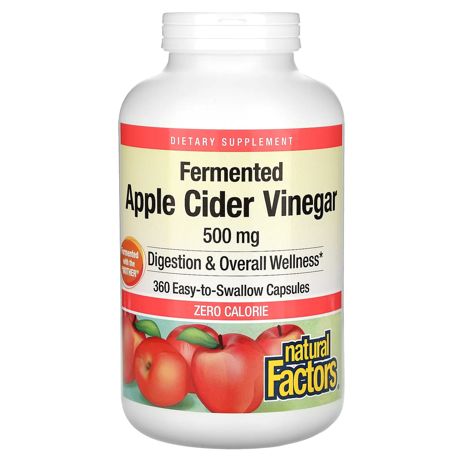 Natural Factors Fermented Apple Cider Vinegar, 500 mg, 360 Easy-to -Swallow Capsules