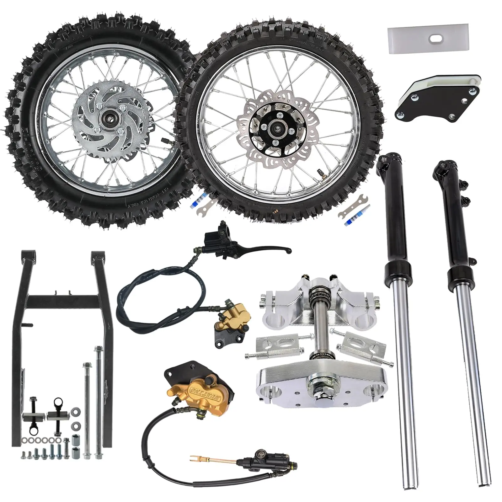60/100-14 Motorcycle Front Wheel + 80/100-12 3.00-12 Dirt Bike Rear Wheel Rim Tire + Swing Arm + 630mm Front Fork & Triple Tree + Brake Kit for Dirt Pit Bike Scooter Offroad Motocross CRF50