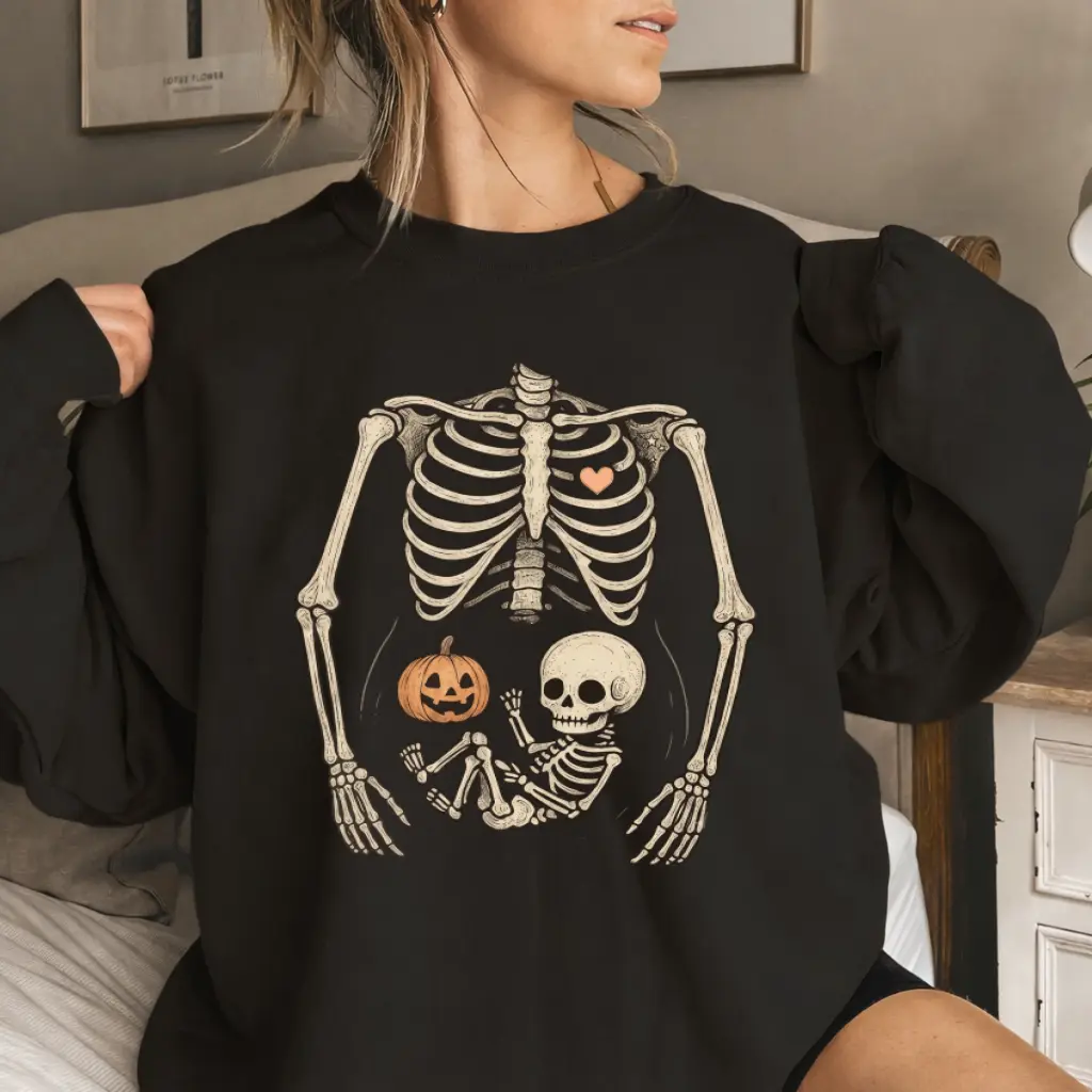 Skeleton Halloween Maternity Sweatshirt, Funny Spooky Season Pregnancy Crewneck, Cute Skeleton Mom-to-Be Sweater, Halloween Pregnancy Gift for Women
