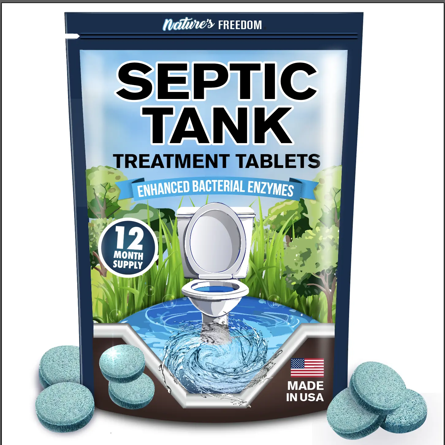 Nature's Freedom Septic Treatment Tablets – 1 Year Supply, Small Yet Powerful Enzyme Formula, Prevents Backups, Odors & Clogs, Made in The USA