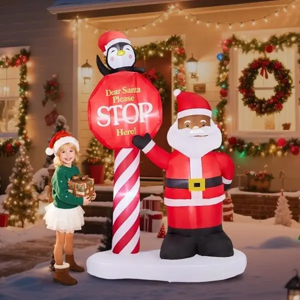 8.2ft Black Santa with Road Sign, Lighted Inflatable Christmas Yard Decoration with Built-in LEDs for Front Yard, Home & Garden Festive Decor