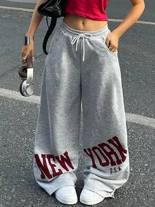 Ladies Y2K Style Baggy Track Pants, Vintage "NEW YORK" Graphic Print, High Waisted Wide Leg, Comfy Cotton Blend For Streetwear & Lounge