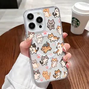 Cute Pixel Cat Dog Pattern Clear Wireless Charging Protection Shockproof Slim Magnetic Phone Case for iPhone 17 Pro Max Phone Case 17 Air 16E 16 15 Plus 14 13 12 11 X XS Max,Samsung Galaxy S26 S22 S23 FE S24 Plus S25 ULTRA FE Plus A14 A15 A16 A35 A3 Girly