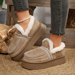 Women's Winter Loafers Plush Collar Platform Shoes Stitched Detail Thick Sole Casual Indoor Outdoor Shoes