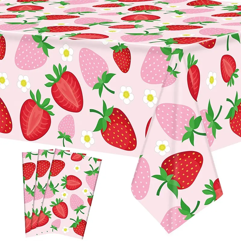 Strawberry Party Tablecloth Set, 3 Pieces Disposable Plastic Strawberry Theme Table Covers, Party Decoration Supplies, Birthday Decorations, Fiesta Decorations, Perfect for Birthday & Baptism Parties