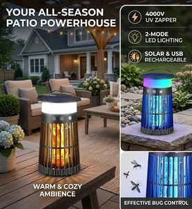 SAIJZEK. Solar Powered Bug Zapper Outdoor & Indoor - 4-in-1 Mosquito Killer, Electric Fly Trap with LED Camping Lantern & RGB Night Light, USB-C Rechargeable & IPX6 Waterproof for Patio, Backyard, Camping