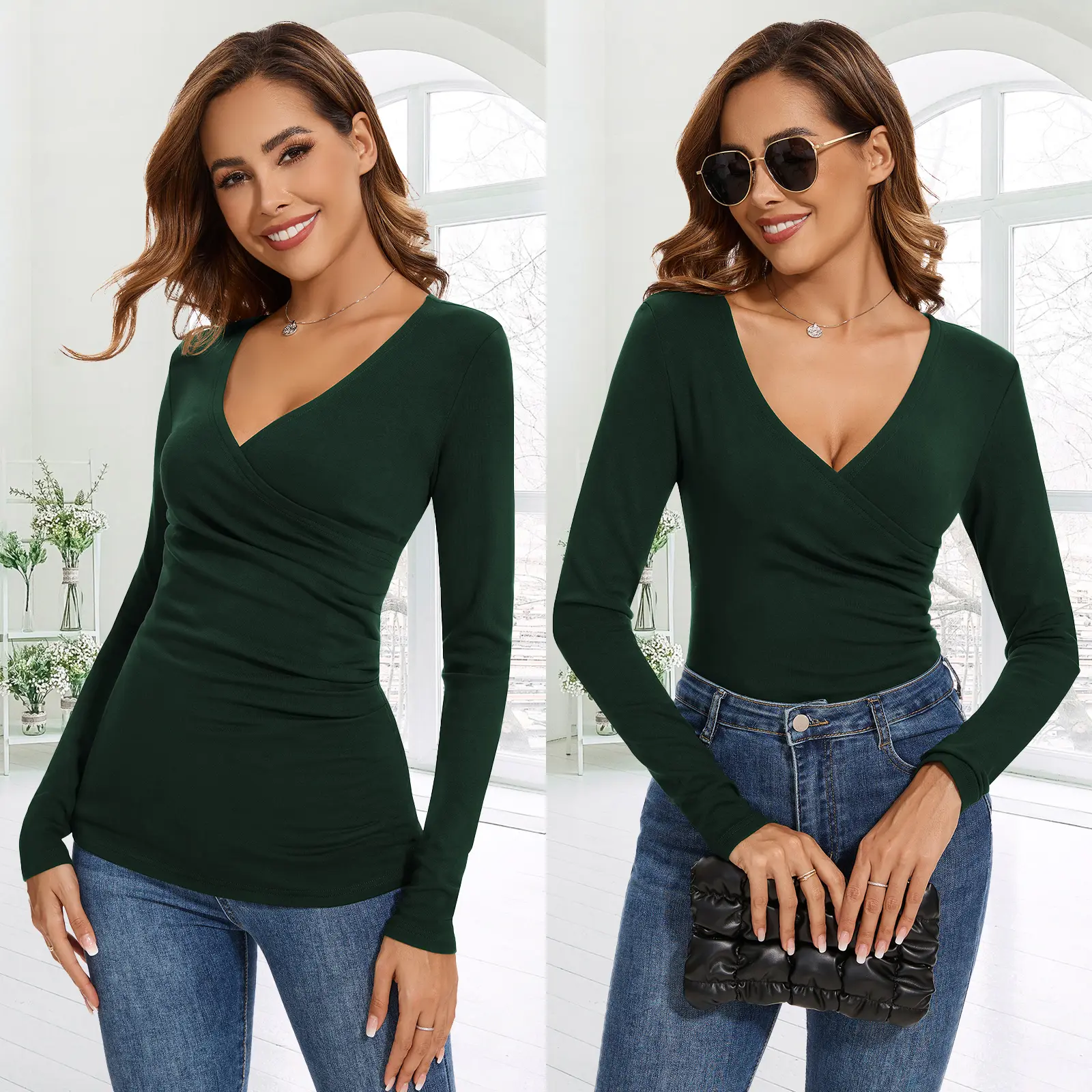 Womens Long Sleeve Thermal Shirts V Neck Underwear Tops T Shirts Warm Base Layer Basic Fitted Tees