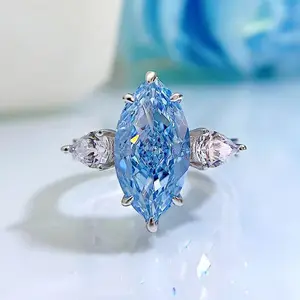 S925 Sterling Silver Aquamarine Marquise Ring 8*16mm 6A Cubic Zirconia Ring-238
